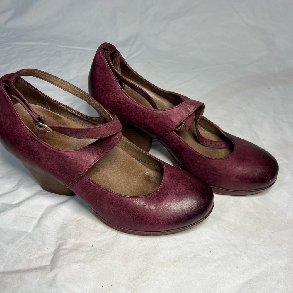 Dansko women's Mary Jane or T-strap style wedge shoes in a burgundy leather